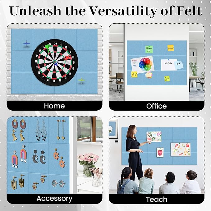Large Cork Board for Walls Blue Felt Board Alternative -Felt Bulletin Board Tiles for Office Wall Decor,corkboard,Push pin Board Wall Organizer for Office -6Pack (Blue)