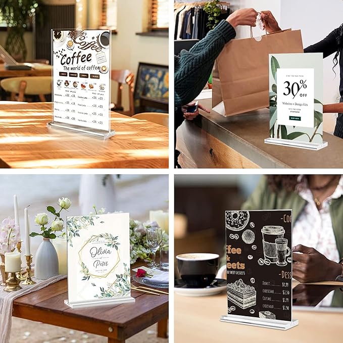 8.5x11 Acrylic Sign Holder 3 Pack Vertical Clear Table Menu Signs Holder,Double Sided Desktop Display Stand Plastic Picture Paper Frame Tabletop Sign Holder for Restaurants, Office, Show Fair, Store