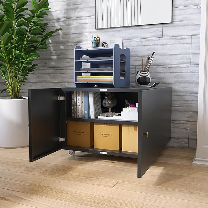 Small Space Printer Stand with Doors, Metal Fax Machine Stand with Storage, Low Printer Table, Black Modern Under Desk for Home Office, Small Carts for Scanner, Fax, Computer, Black