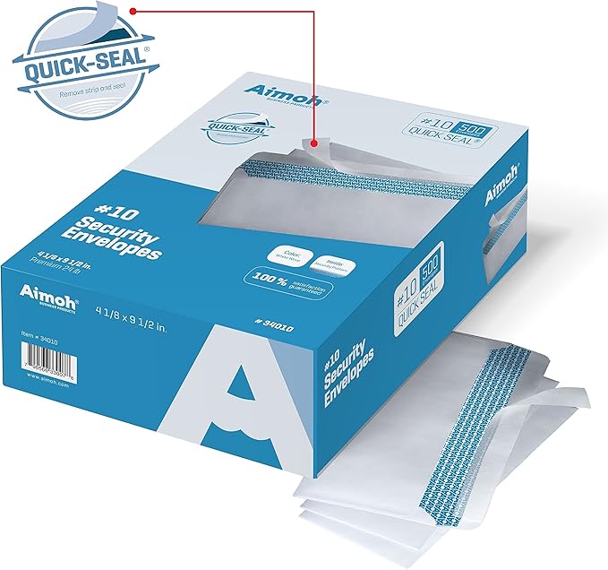 Aimoh 500#10 Security Self Seal Envelopes, Windowless, Premium Security Tint Pattern, Ultra Strong Quick Seal Closure, EnveGuard, Size 4-1/8 x 9-1/2", White, 24LB, 500 Count(34010)