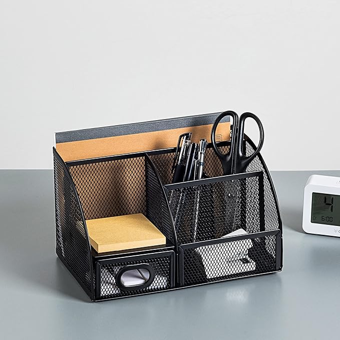 Amazon Basics Mesh Pen Holder and Organizer, Black, 9.1" x 5.9" x 5.5''