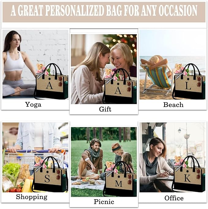 YOOLIFE Christmas Gifts for Women - Initial Jute Tote Bag & Makeup Bag, Birthday Gifts for Women Her Mom Teacher Friend