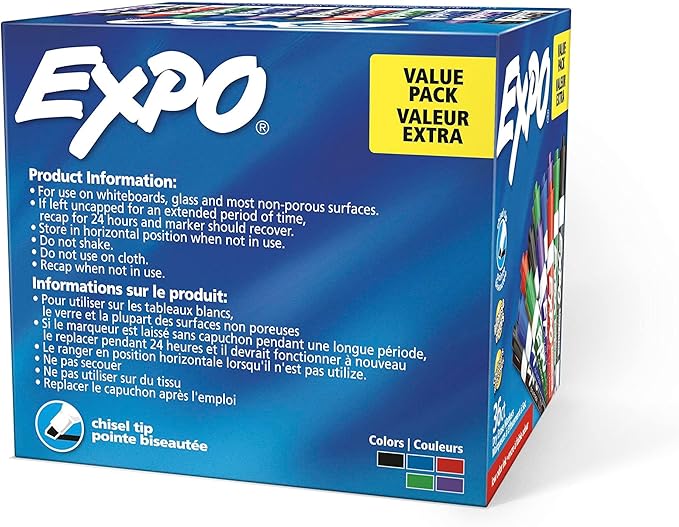 EXPO Low Odor Dry Erase Markers, Chisel Tip, Assorted Colors, Pack of 36 - Ideal for Classrooms, Offices & Home Offices