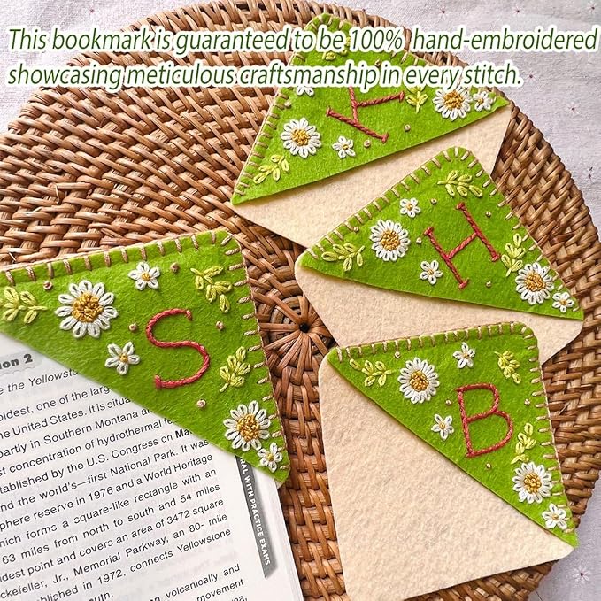 Personalized Hand Embroidered Corner Bookmark, Bookmarks for Women, Personalized Bookmark for Book Lovers, Cute Flower Book Mark by HNQCPCVU (X, Green)