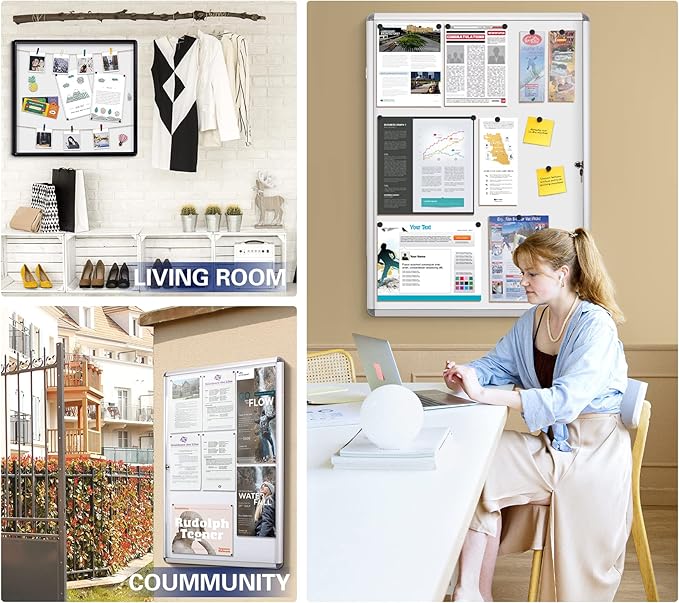 SWANCROWN Lockable Noticeboard White Bulletin Boards Magnetic Wall Mount Message Board with Glass Door and Keys 28x26inch(6xA4)