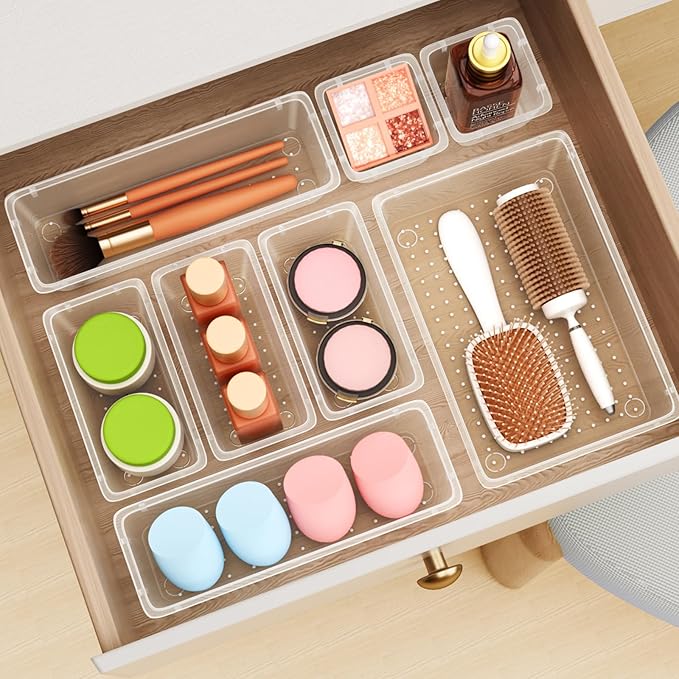 48 PCS Drawer Organizer Set, 4 Sizes Clear Plastic Makeup Vanity Organizer for Makeup, Stationery, Multiple Gadgets, Kitchen, Bathroom, Office, Bedroom