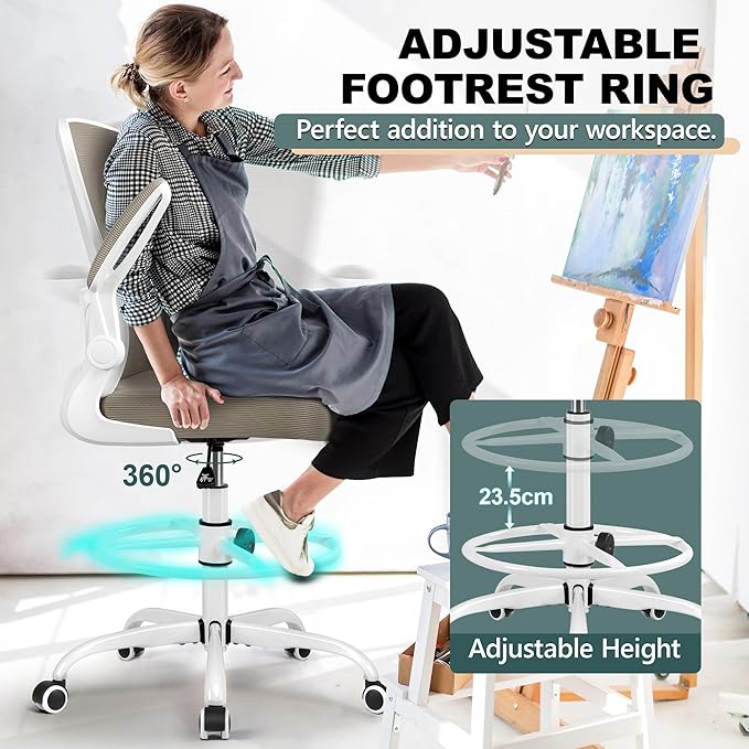 FelixKing Drafting Chair Ergonomic Tall Office Chair, Breathable Mesh Chair with Adjustable Footrest Ring Lumbar Support Flip-up Armrests, High Back Executive Comfy Task Computer Chair for Home Office