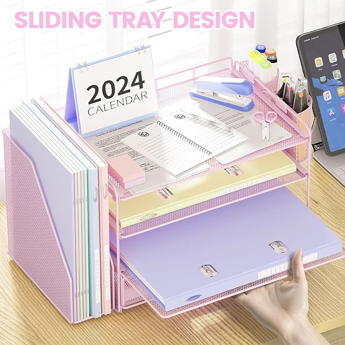 Desk Organizers and Accessories, Desk Accessories & Workspace Organizers for Office Supplies, File Organizer Desk Drawer Organizer with 2 Pen Holders, 4 Tier Paper Organizer for Desk(Pink)