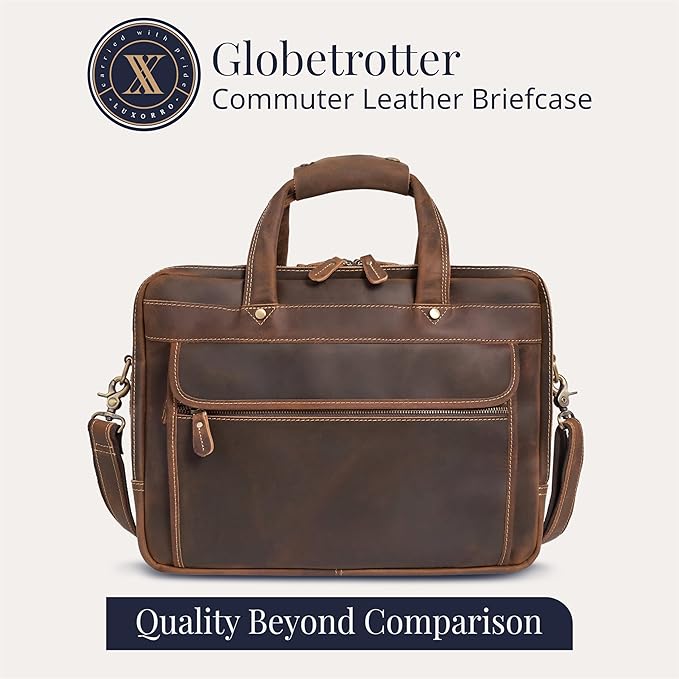 Luxorro Full Grain Leather Briefcase for Men, Top Choice Gifts, Handcrafted Laptop Bag with Multiple Compartments and Brass Hardware, Fits 15.6 Inch Laptop