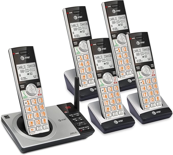 AT&T CL82507 DECT 6.0 5-Handset Cordless Phone for Home with Answering Machine, Call Blocking, Caller ID Announcer, Intercom and Long Range, Silver (CL82507)
