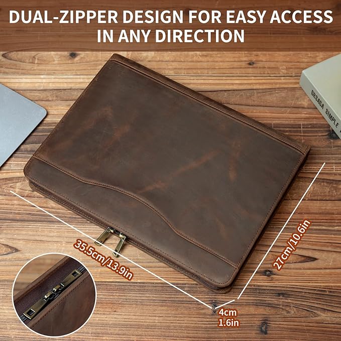 YIWEN Handmade Crazy-Horse Leather 3 Ring Binder Portfolio Padfolio Folder with Zipper for Men and Women, Business Organizer for Letter A4 Size for Meeting and Travel (Custom Engraved, Dark Khaki)