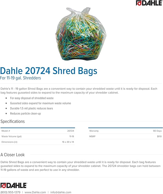 Dahle 20724 Shred Bags w/Gusseted Sides for Maximum Capacity, for Dahle 11-19 gal. Shredders (Pack of 100)