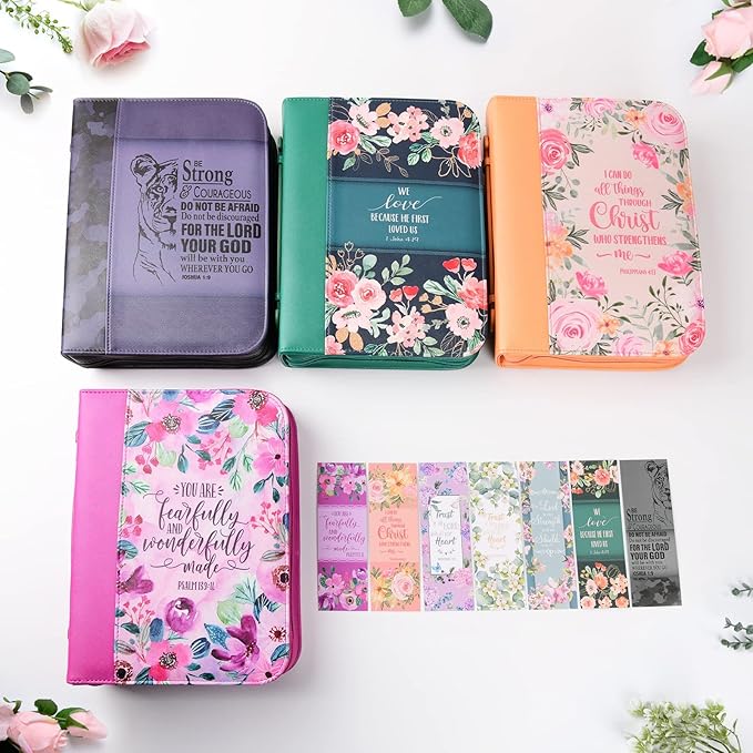 Bible Covers Case for Women Large Leather Bible Carrying Cases Holder Pink 10.8"x7.8"x2" Floral Bible Carrier Tote Bags with Bookmarks Handles Pockets Christian Study Bible Book Gifts