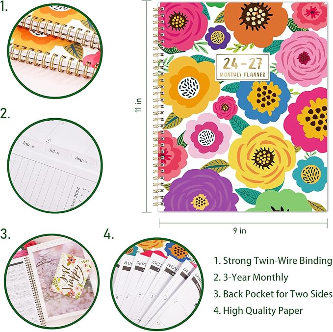 Tullofa Monthly Planner/Calendar 2024-2027 - Jul. 2024 - Jun. 2027, 3 Year Monthly Planner, 9" x 11", 2024-2027 Monthly Planner with 36 Months + Tabs + Double-side Pocket + Flexible Cover - Floral