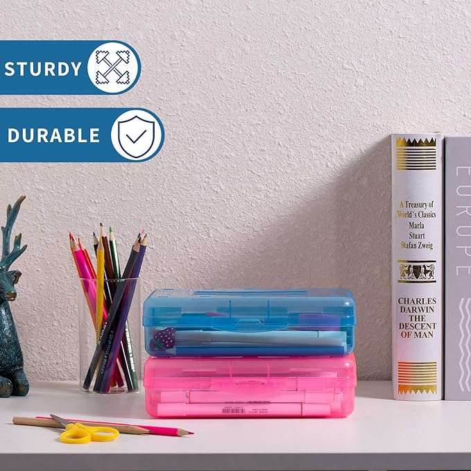 Sooez 3 Pack Pencil Case, Large Pencil Box Bulk, Clear Crayon Box Marker Pen Organizer, Plastic Storage Container with Snap-tight Lid, Stackable School Art Supply Bead Craft Organizer, Colorful