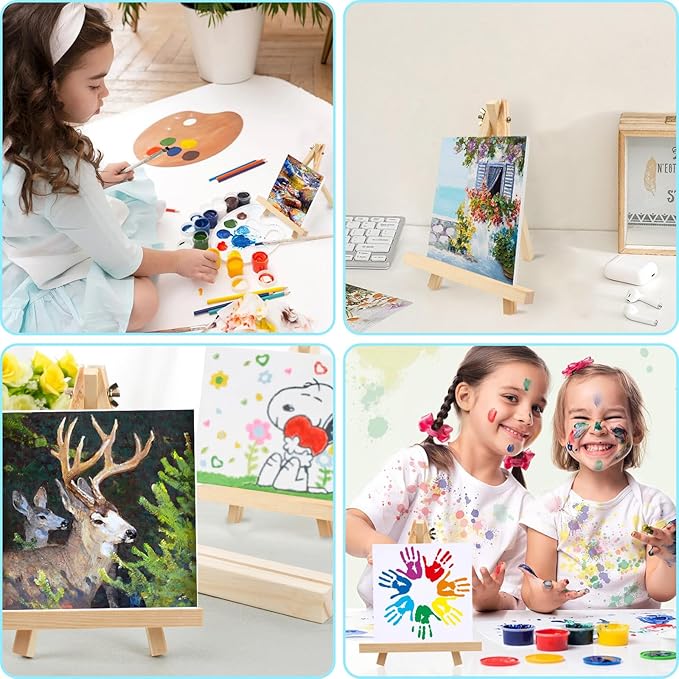 4PCS 9 Inch Wood Easels, Tripod, Painting Party Easel, Kids Student Tabletop Easels for Painting, Easel Stand for Painting Canvases, Portable Canvas Photo Picture Sign Holder.