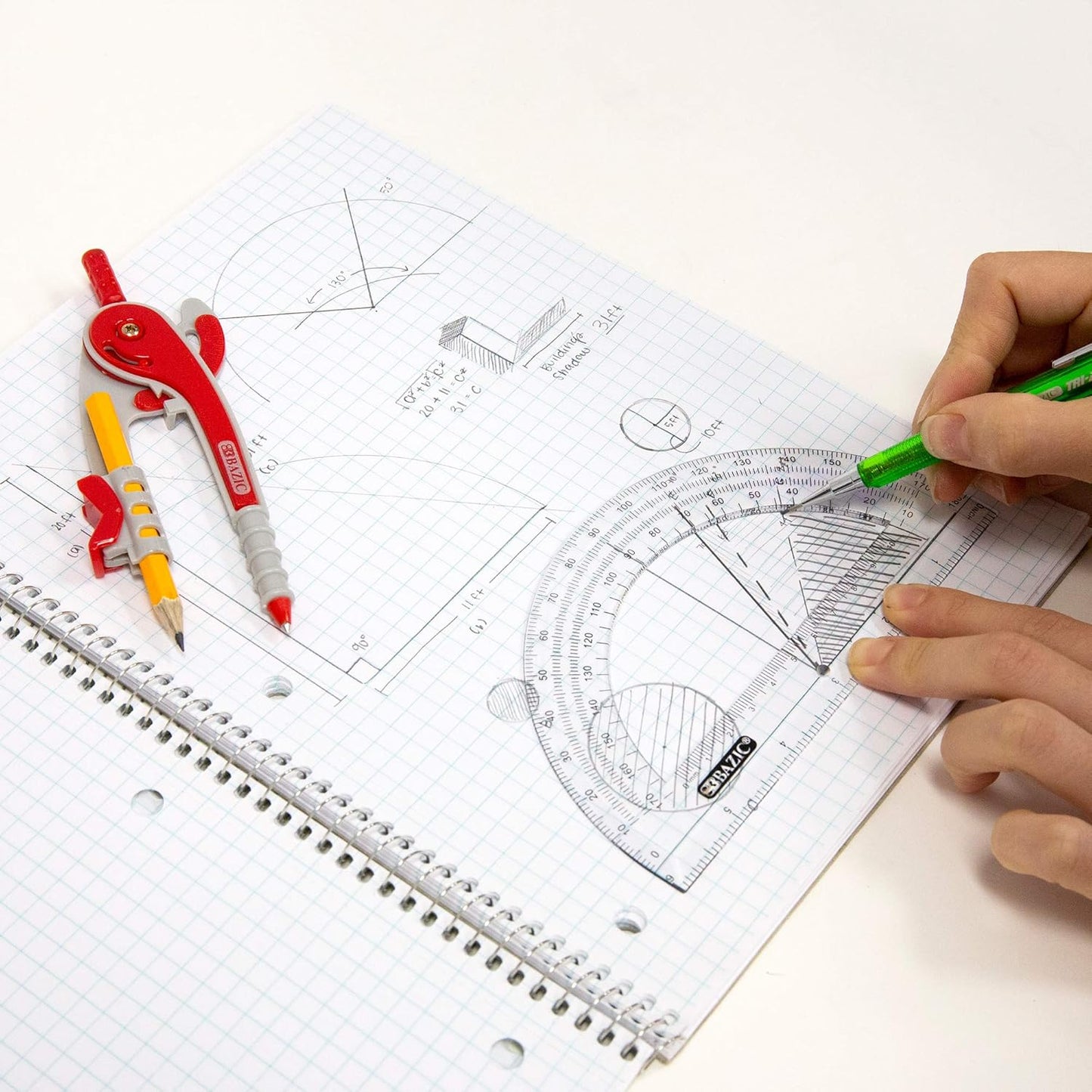 BAZIC Geometry Math Compass Set w/Scale-Arm, 6" Protractor, & HB Wood Pencil, Inch Centimeter, Mathematical Drafting Drawing Tool for Student, 1 UNIT, RANDOM COLOR