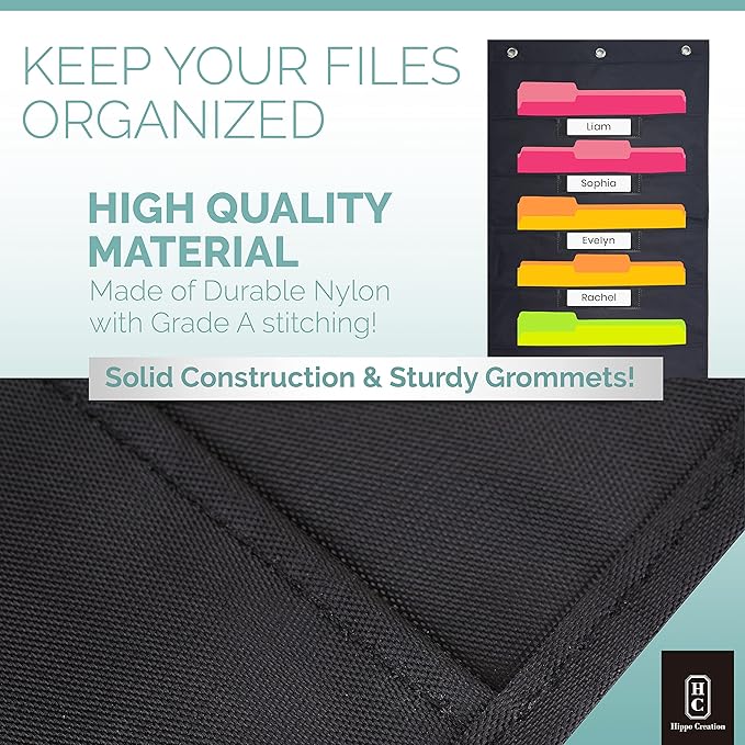 Hippo Creation Storage Pocket Chart for Classroom, 10 Pocket Storage Organizer with 6 Over-Door Hangers, Hanging Wall Organizer for File Folders, School Mailbox, Home Office Papers - Black, 2 Pack