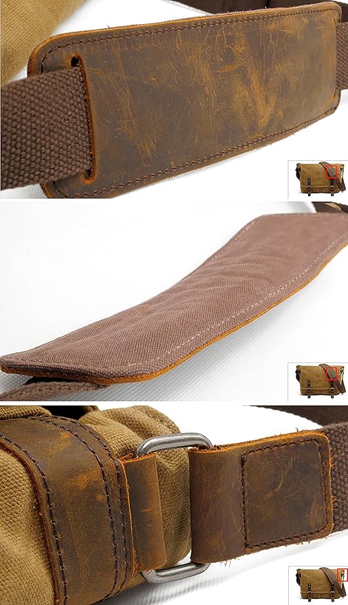 HuaChen Mens Waxed Canvas Messenger Bag Shoulder Satchel Leather Crossbody Bag for Laptop (M49_Khaki)