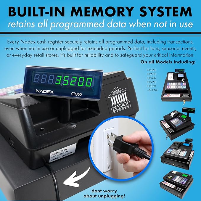 Nadex CR360 Cash Register, 4700 Lookups 50 Dept 50 Clerks, Quick Load Thermal Printer, Compact Size, Cash and Coin Drawer, White
