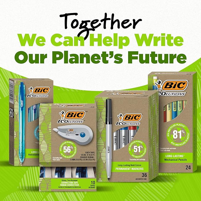 BIC Ecolutions Mechanical Pencils with Erasers, With Colorful Barrel, Medium Point (0.7mm), 24-Count Pack, Mechanical Pencils Made from 81% Recycled Plastic Excluding Leads and Erasers (MPE24-BLK)