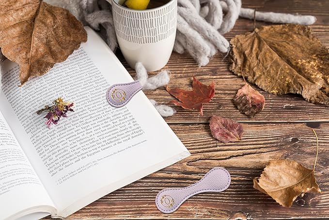 ABTOLS Magnetic Leather Initial Bookmarks, Vintage Initial ID Identification Book Marker Clip Gift Purple Capital Letter Book Markers for Book Lover Avid Readers (O)