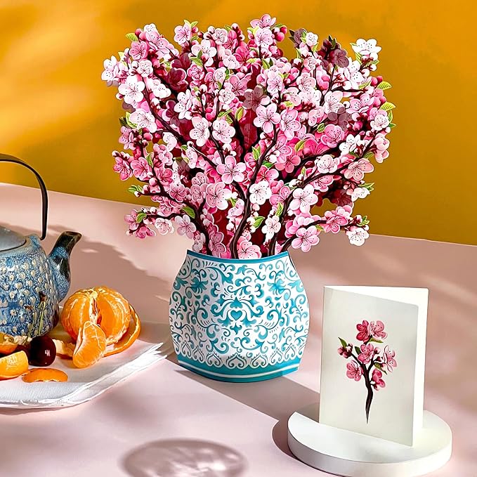 Freshcut Paper Pop Up Cards, Cherry Blossoms 12 inch Paper Flower Bouquet Greeting Cards with Blank Note Card & Envelope, Birthday Gifts for Women