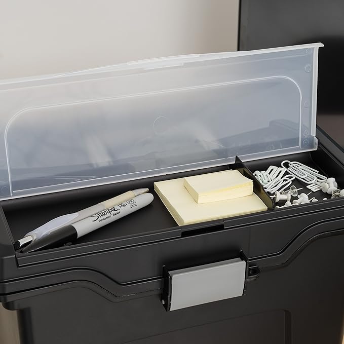IRIS USA File Box with Lid File Organizer for Letter File w/ Organizer-Lid, Water Resistant Document Box, Plastic Mobile Filing Organizer, Secure Buckle, Portable Handle, Lockable, Black 4 Pack