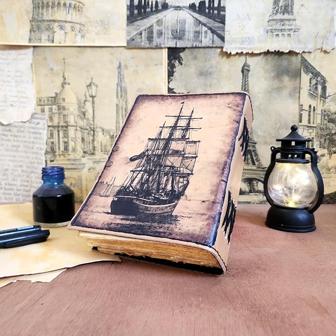 Finun-Lthr Sailing Ship Leather Journal Dairy Notebook Sketchbook | 200 Deckle Papers | C-Shape Lock for Closure (7 * 5 inch)