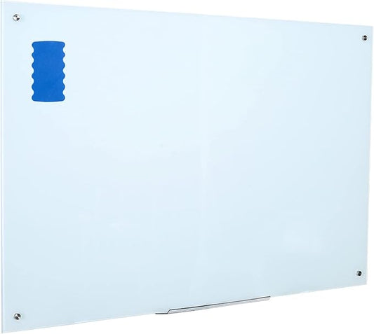 Magnetic White Glass Board 48" x 36", Frameless Tempered Glass Dry Erase Board with Marker Tray for Office, Wall Mounted Frosted Glass Whiteboard