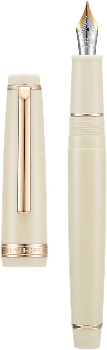 Jinhao 82 Ivory White Acrylic Fountain Pen, Iridium Extra Fine Nib Classic Design Smooth Writing Pen with Ink Converter (Gold Trim)