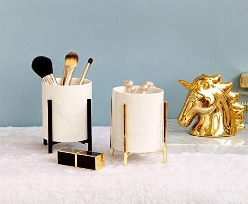 Black Pencil Cup Sturdy Metal Frame with White Ceramic Pen Holder For Desks and Kitchen Appliance holders