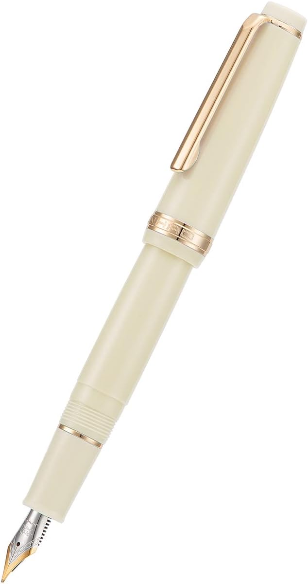 Jinhao 82 Ivory White Acrylic Fountain Pen, Iridium Bent Nib Classic Design Smooth Writing Pen with Ink Converter (Gold Trim)