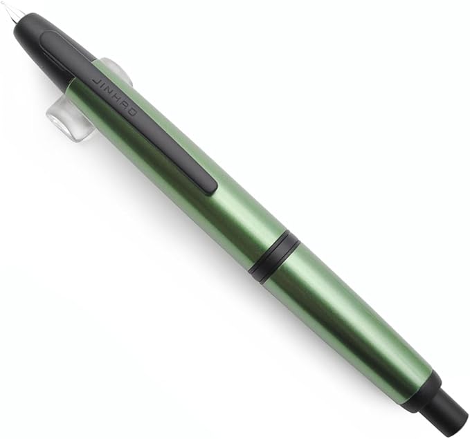 JINHAO 10 Press Fountain Pen, Retractable Metal Pen with Ink Converter (F Nib 0.5mm, Light Pine Green - Black Clip)