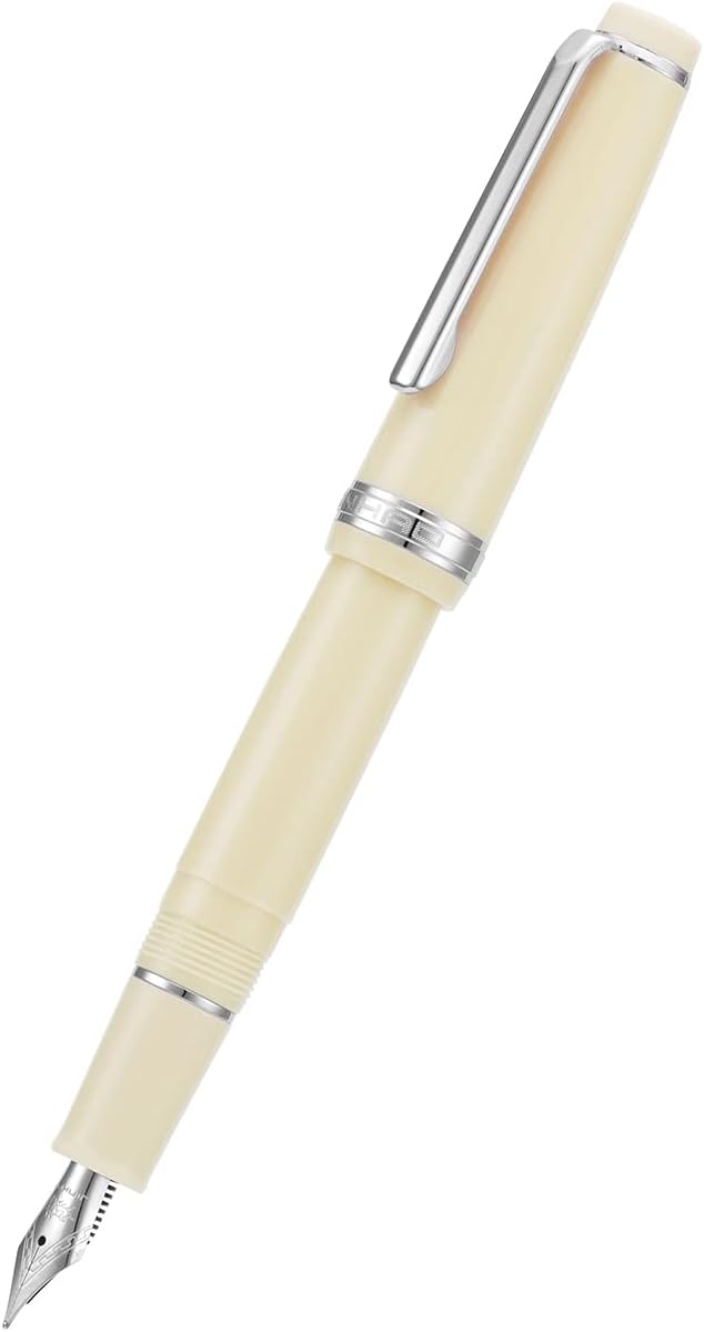 Jinhao 82 Ivory White Acrylic Fountain Pen, Iridium Bent Nib Classic Design Smooth Writing Pen with Ink Converter (Silver Trim)