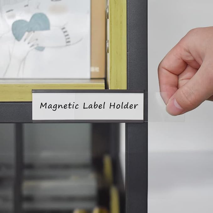 C Channel Magentic Label Holders 2x5.5 Inches with Paper Inserts and Clear Plastic Protectors,Magnetic Data Card Holders File Cabinet Labels,Pack of 50