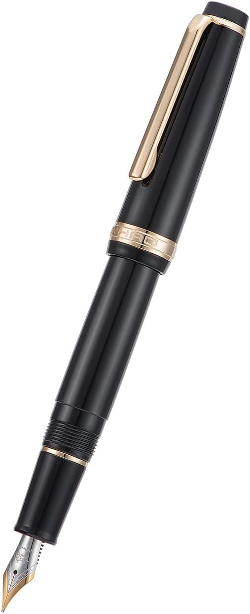 Jinhao 82 Black Acrylic Fountain Pen, Iridium Medium Nib Classic Design Smooth Writing Pen with Ink Converter (Gold Trim)