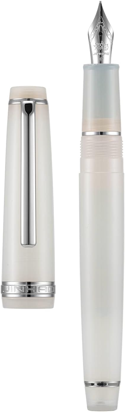Jinhao 82 Acrylic Fountain Pen, Iridium Extra Fine Nib with Ink Converter, Transparent Ivory White Classic Design Smooth Writing Pen (Silver Trim)