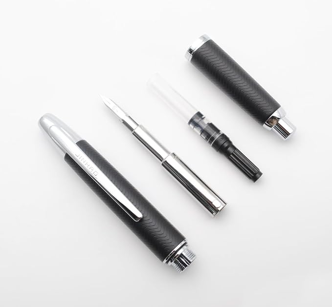 JINHAO 10 Press Fountain Pen, Retractable Metal Pen with Ink Converter (F Nib 0.5mm, Wavy Texture Matte Black)