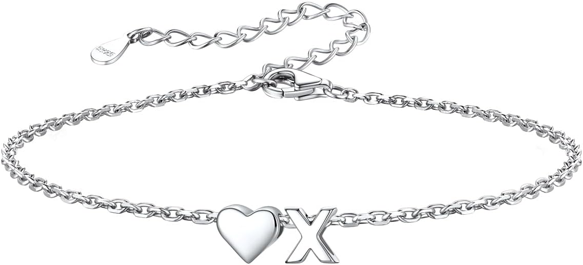 Silvora 925 Sterling Silver Dainty Initial Bracelet with Heart - 6.3" + 2" Adjustable Personalized 26 Letter Bracelet Jewelry Heart Bracelet for Women