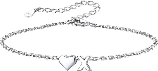 Silvora 925 Sterling Silver Dainty Initial Bracelet with Heart - 6.3" + 2" Adjustable Personalized 26 Letter Bracelet Jewelry Heart Bracelet for Women