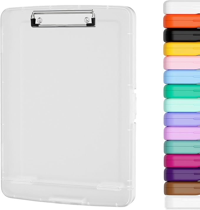 Piasoenc Clipboard with Storage, 8.5 x 11 Organization Box with Pen Holder and A4 Legal Paper Folder, Heavy Duty Plastic, Folio & Side-Opening, Low Profile Clip, for Nurses,Teachers, Translucent