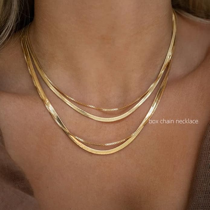 Herringbone Necklace for Women,Dainty Gold Necklace,14k Gold Plated Snake,Gold Chain Choker Necklaces,Simple Gold Layered Necklaces,Gold Jewelry Gift for Women