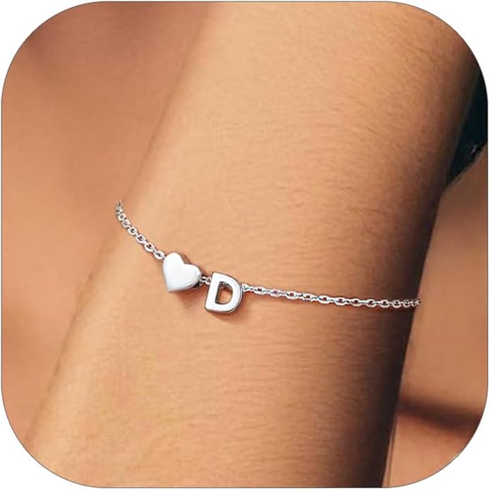 Silvora 925 Sterling Silver Dainty Initial Bracelet with Heart - 6.3" + 2" Adjustable Personalized 26 Letter Bracelet Jewelry Heart Bracelet for Women