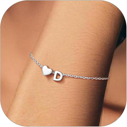 Silvora 925 Sterling Silver Dainty Initial Bracelet with Heart - 6.3" + 2" Adjustable Personalized 26 Letter Bracelet Jewelry Heart Bracelet for Women