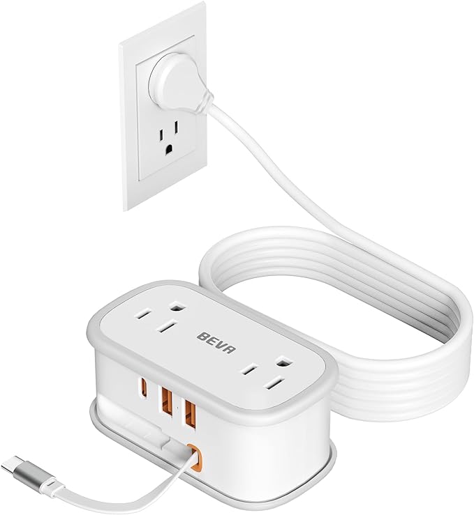 BEVA Travel Power Strip, Flat Plug Power Strip with Retractable USB C Cable, 5 FT Short Extension Cord with 2 AC Outlets 3 USB Ports(1 USB C), Small Portable Travel Accessories, Cruise Ship Essentials
