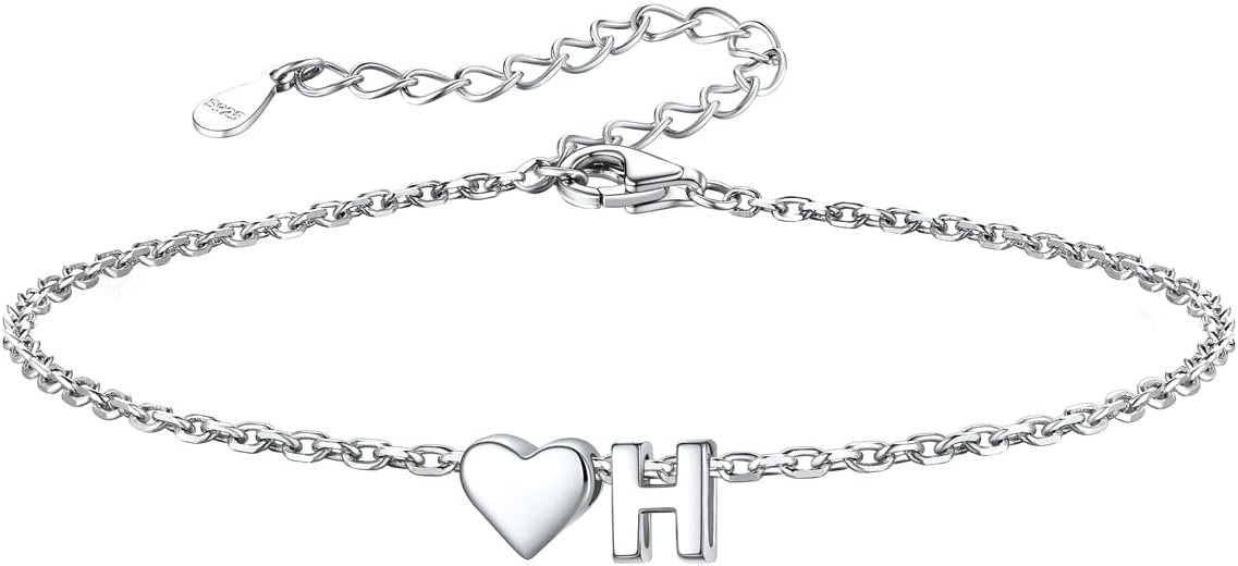 Silvora 925 Sterling Silver Dainty Initial Bracelet with Heart - 6.3" + 2" Adjustable Personalized 26 Letter Bracelet Jewelry Heart Bracelet for Women