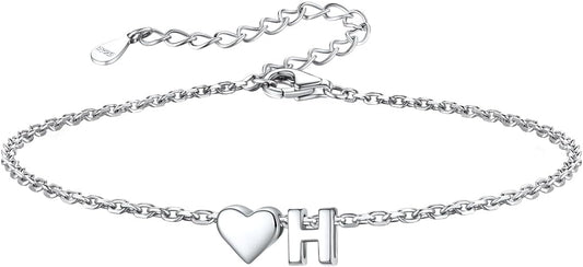 Silvora 925 Sterling Silver Dainty Initial Bracelet with Heart - 6.3" + 2" Adjustable Personalized 26 Letter Bracelet Jewelry Heart Bracelet for Women