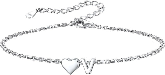 Silvora 925 Sterling Silver Dainty Initial Bracelet with Heart - 6.3" + 2" Adjustable Personalized 26 Letter Bracelet Jewelry Heart Bracelet for Women
