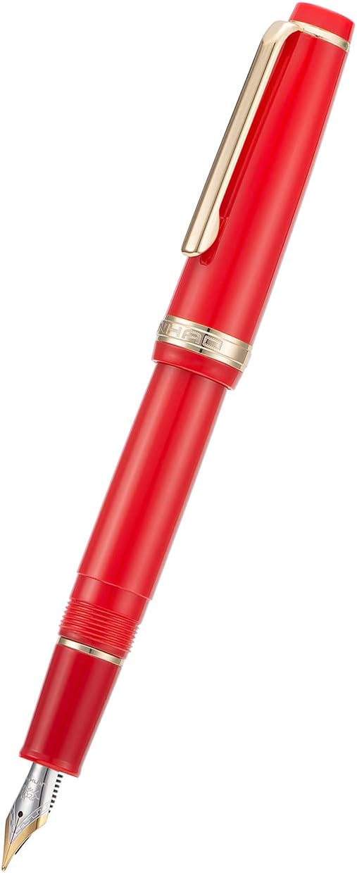 Jinhao 82 Red Acrylic Fountain Pen, Iridium Fine Nib Classic Design Smooth Writing Pen with Ink Converter (Gold Trim)